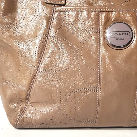 Coach Signature Stitch Patent Leather Tan with Lavender Large Tote Bag - Picture 14 of 16